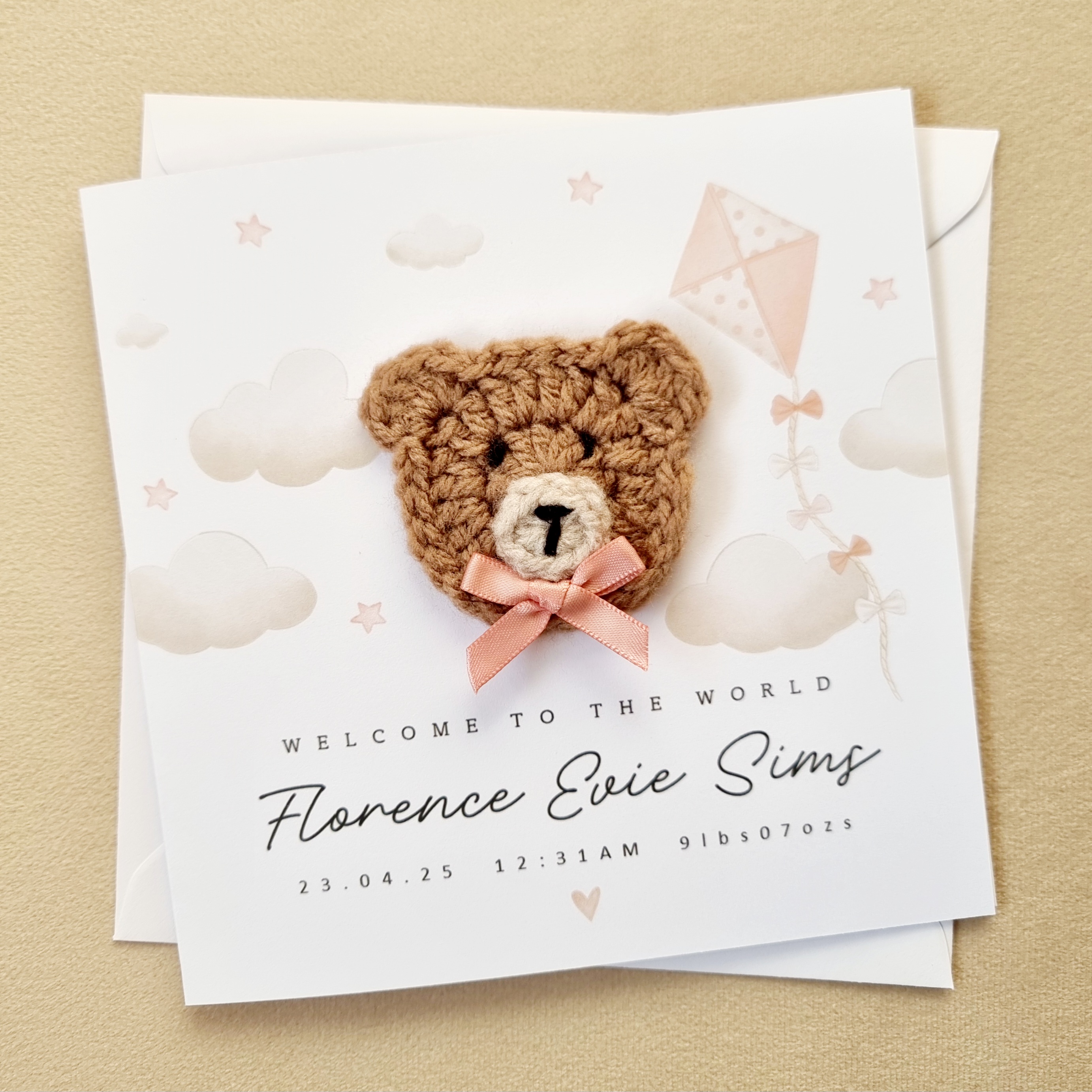 Personalised New Baby Card - Pink Kite - Crochet Bear