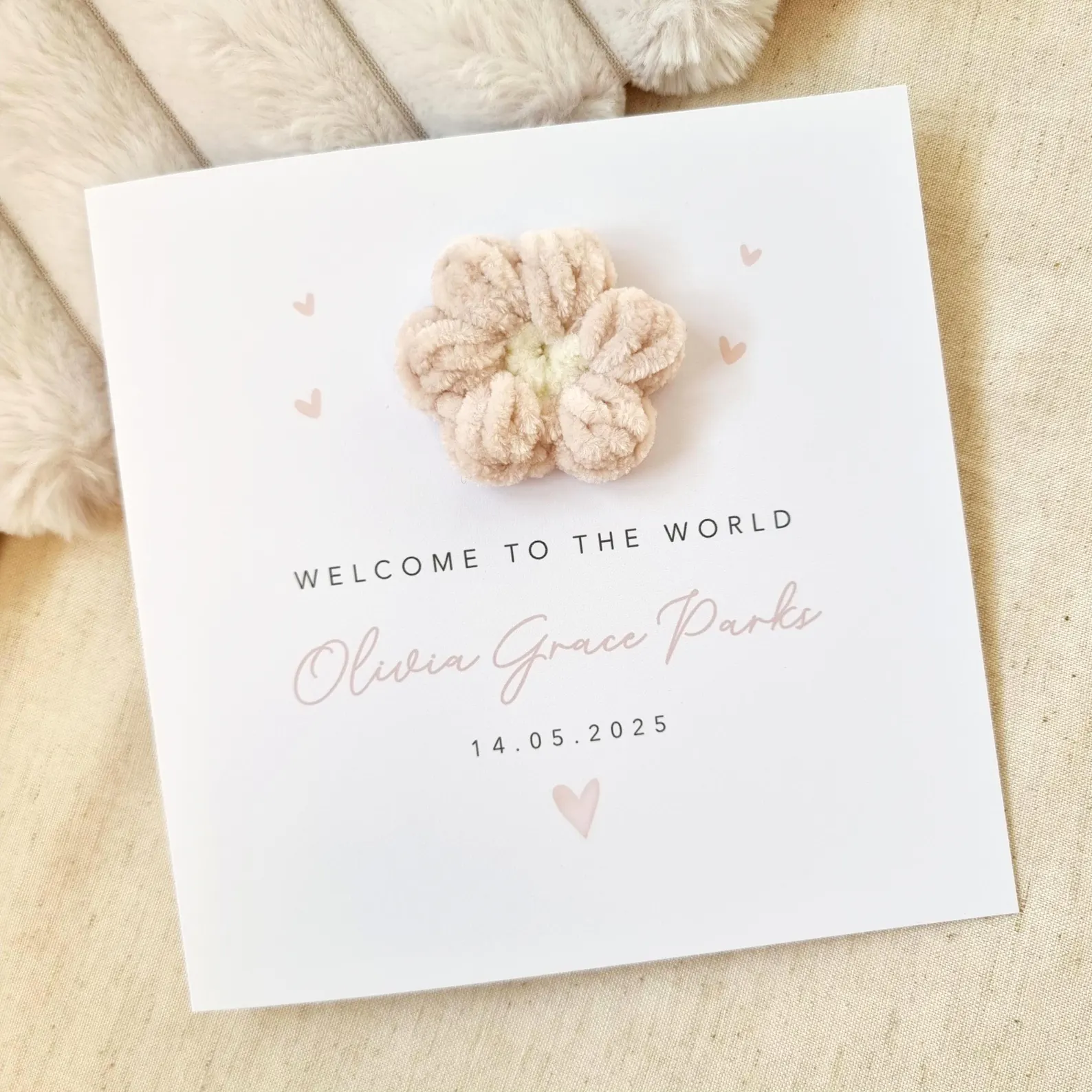 Personalised New Baby Card - Cute Crochet Puff Flower