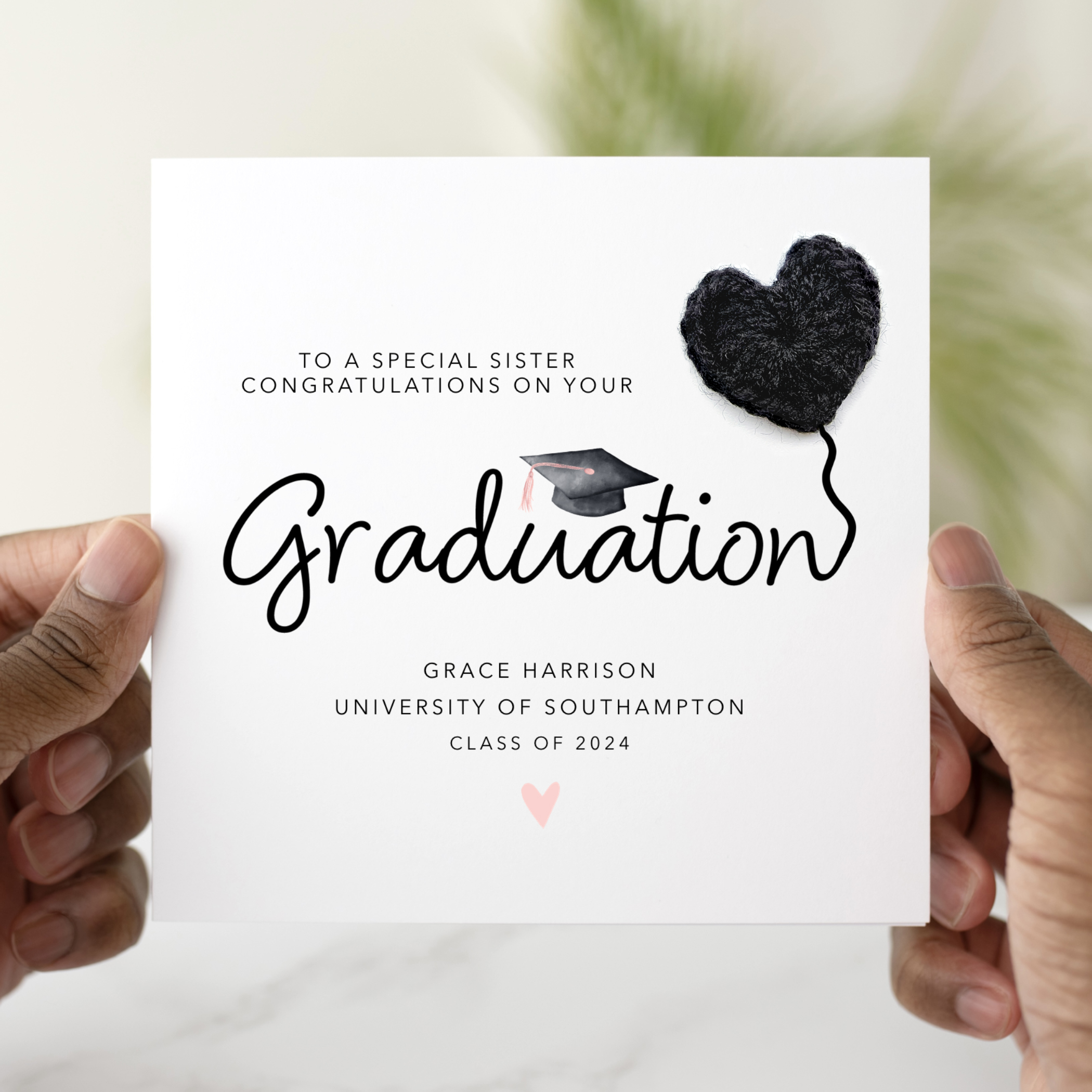 Personalised Sister Graduation Card - Crochet Heart