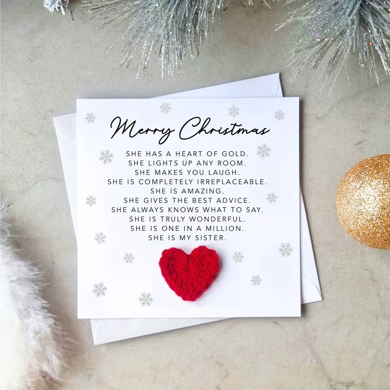 Poem Sister Christmas Card - Crochet Heart
