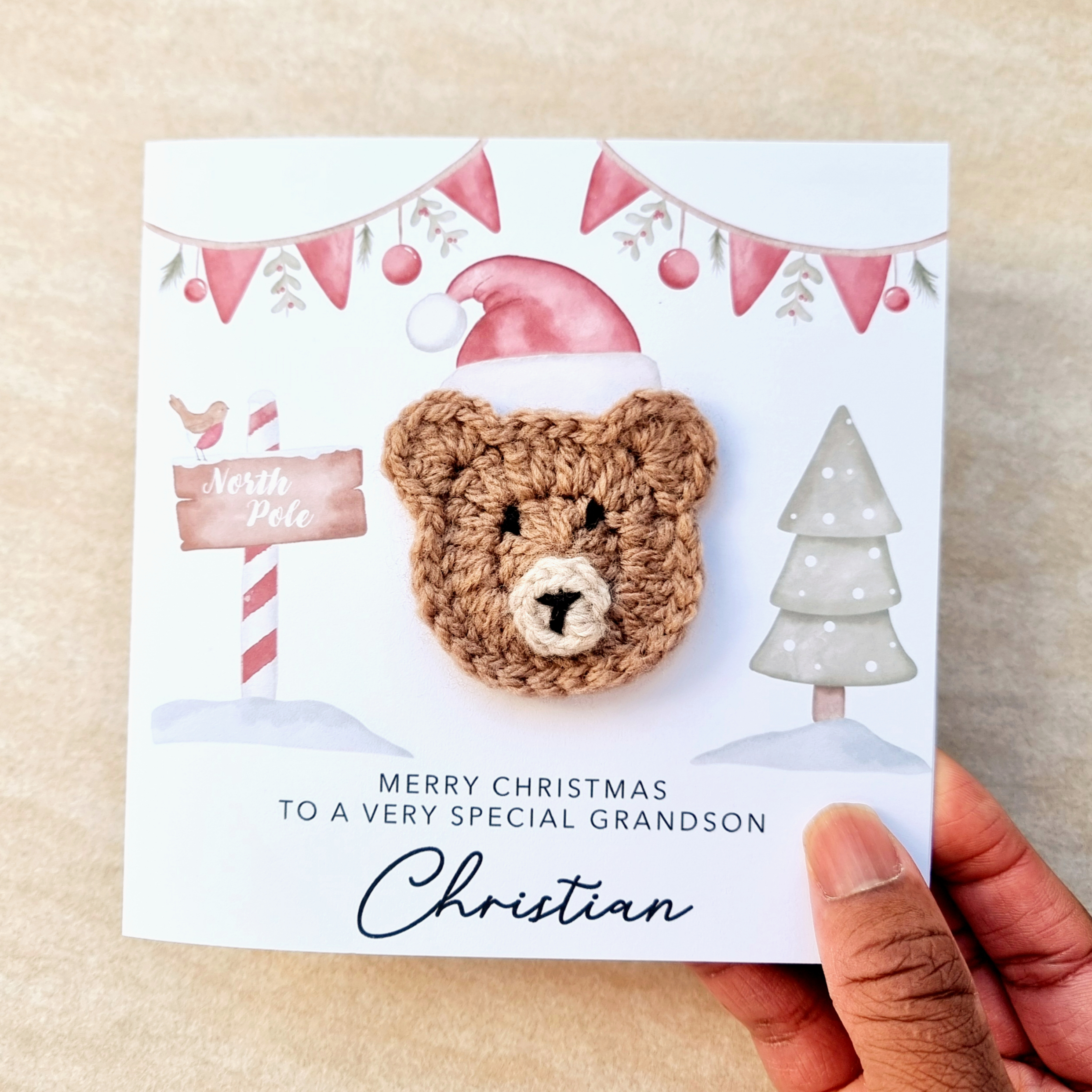 Personalised Grandson Christmas Card - Crochet Bear