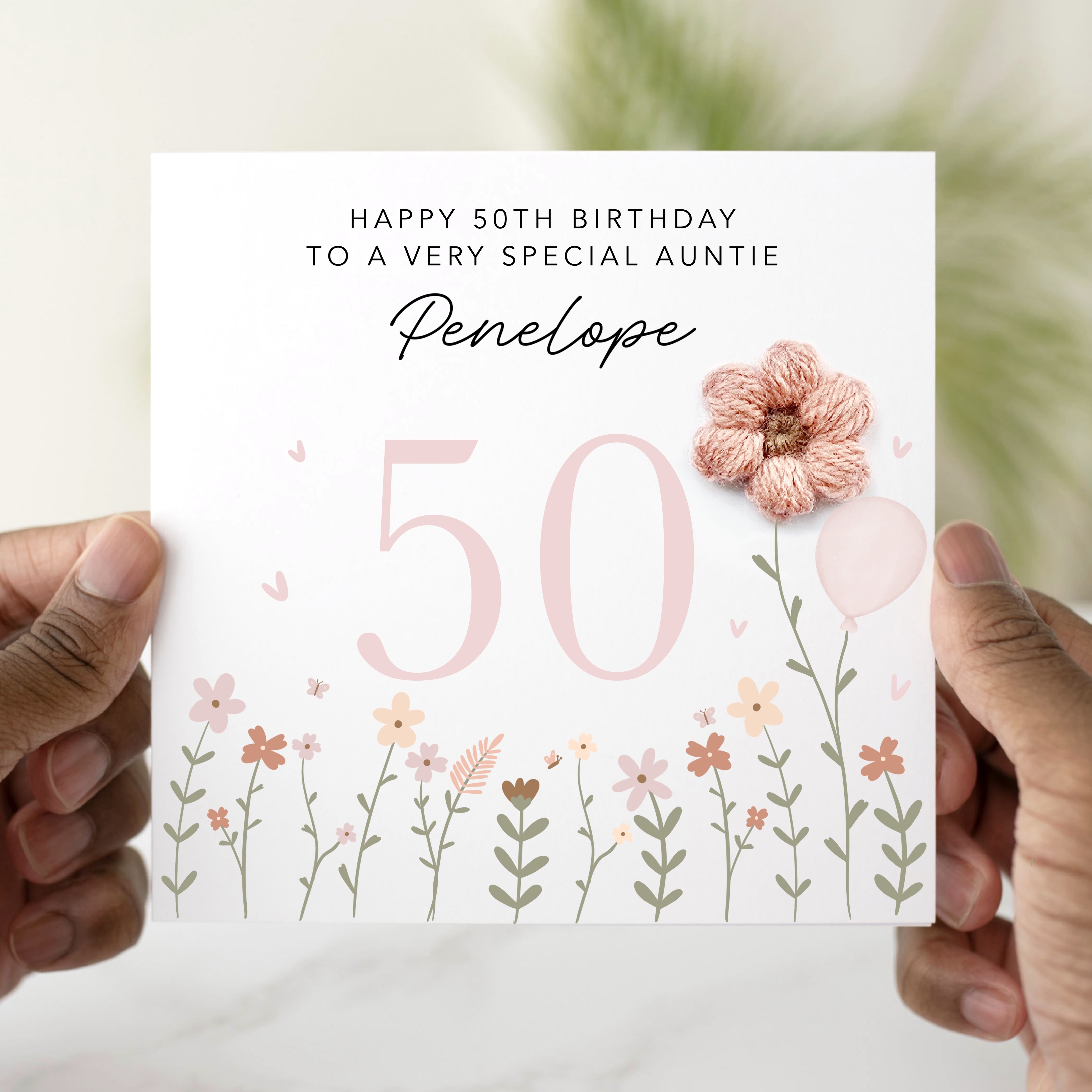 Personalised Auntie 50th Birthday Card - Crochet Flower