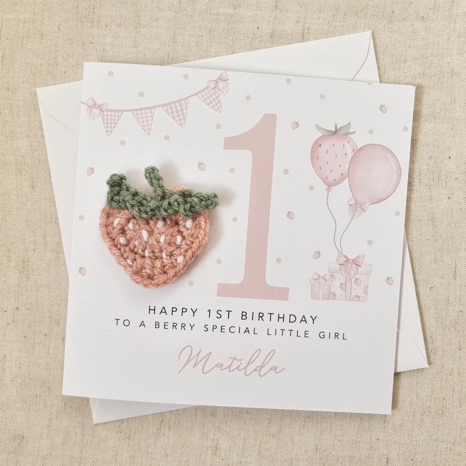 Personalised 1st Birthday Card - Little Girl - Crochet Strawberry