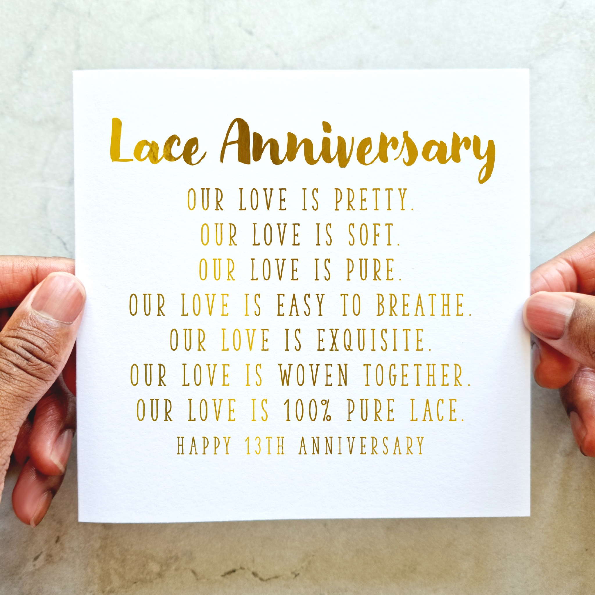 13th Anniversary Card - Lace - Gold Foil