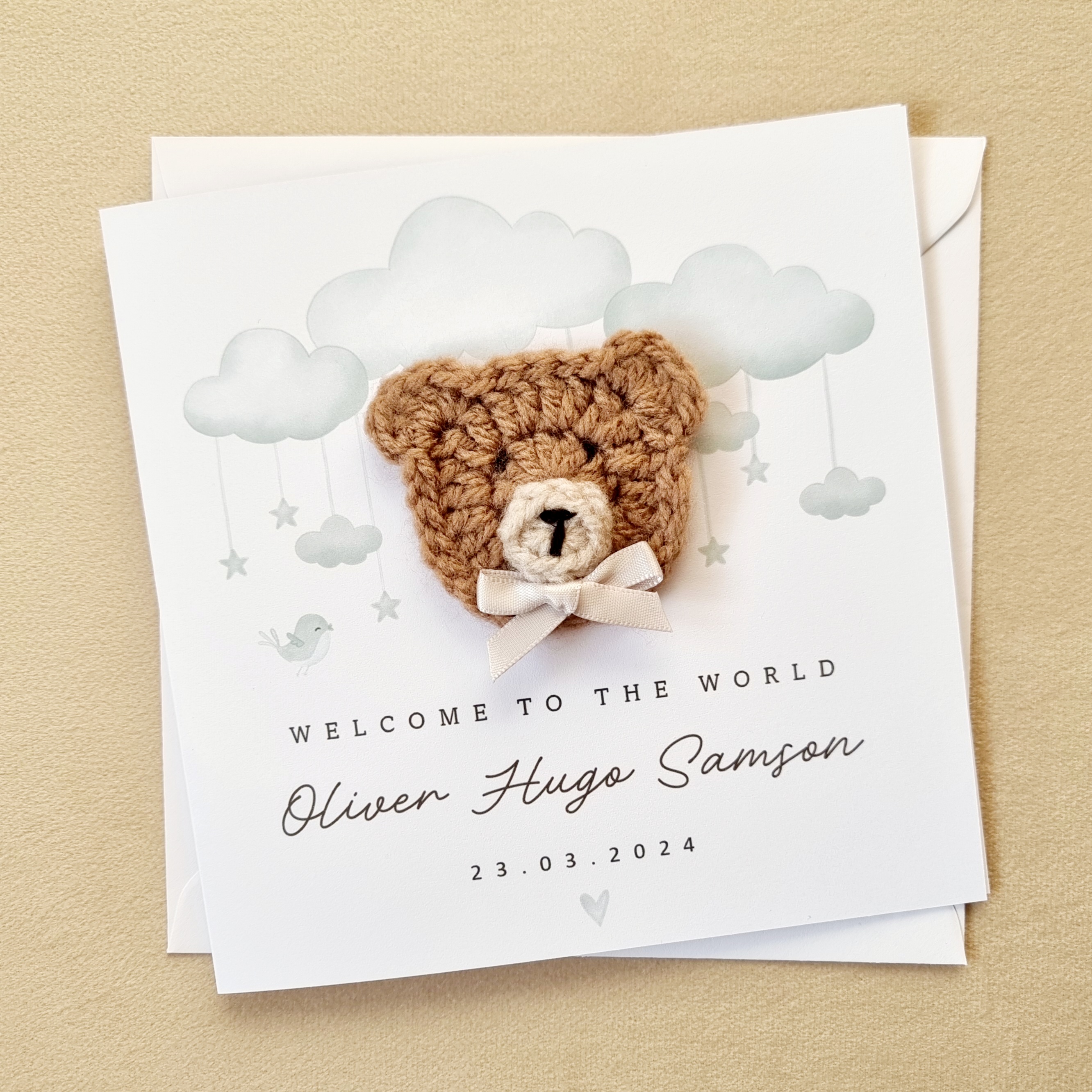 Personalised New Baby Card - Blue Clouds - Crochet Bear