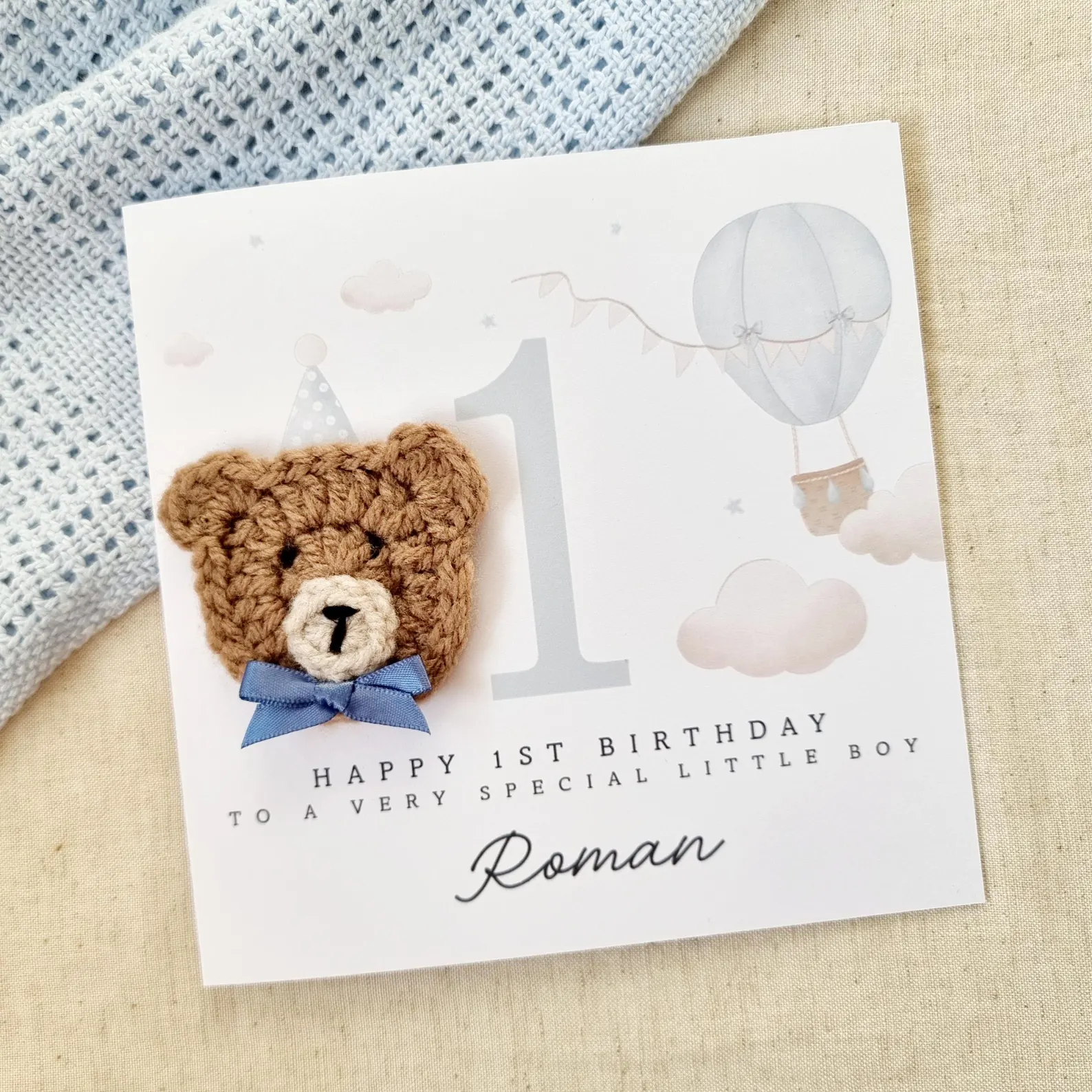 Personalised 1st Birthday Card - Blue Hot Air Balloon - Crochet Bear