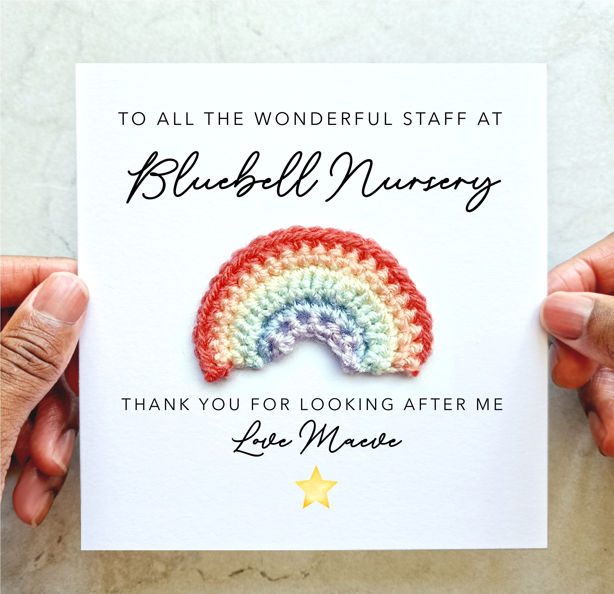 Personalised Nursery Staff Thank You Card - Crochet Rainbow