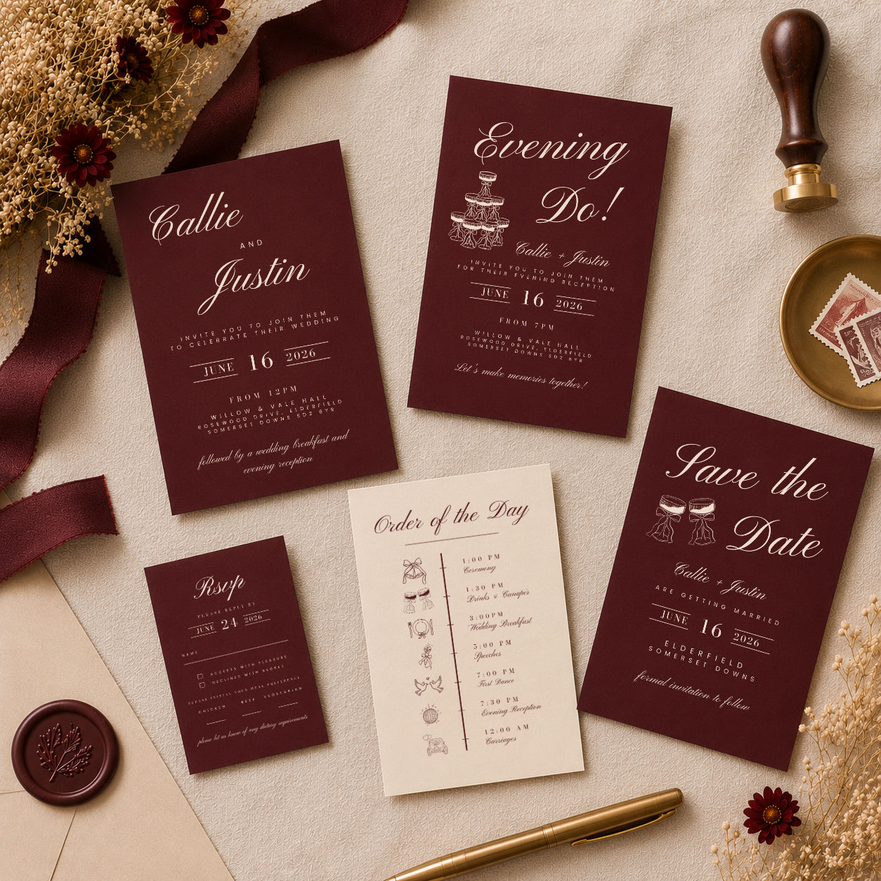 Burgundy Wedding Stationery Bundle Template