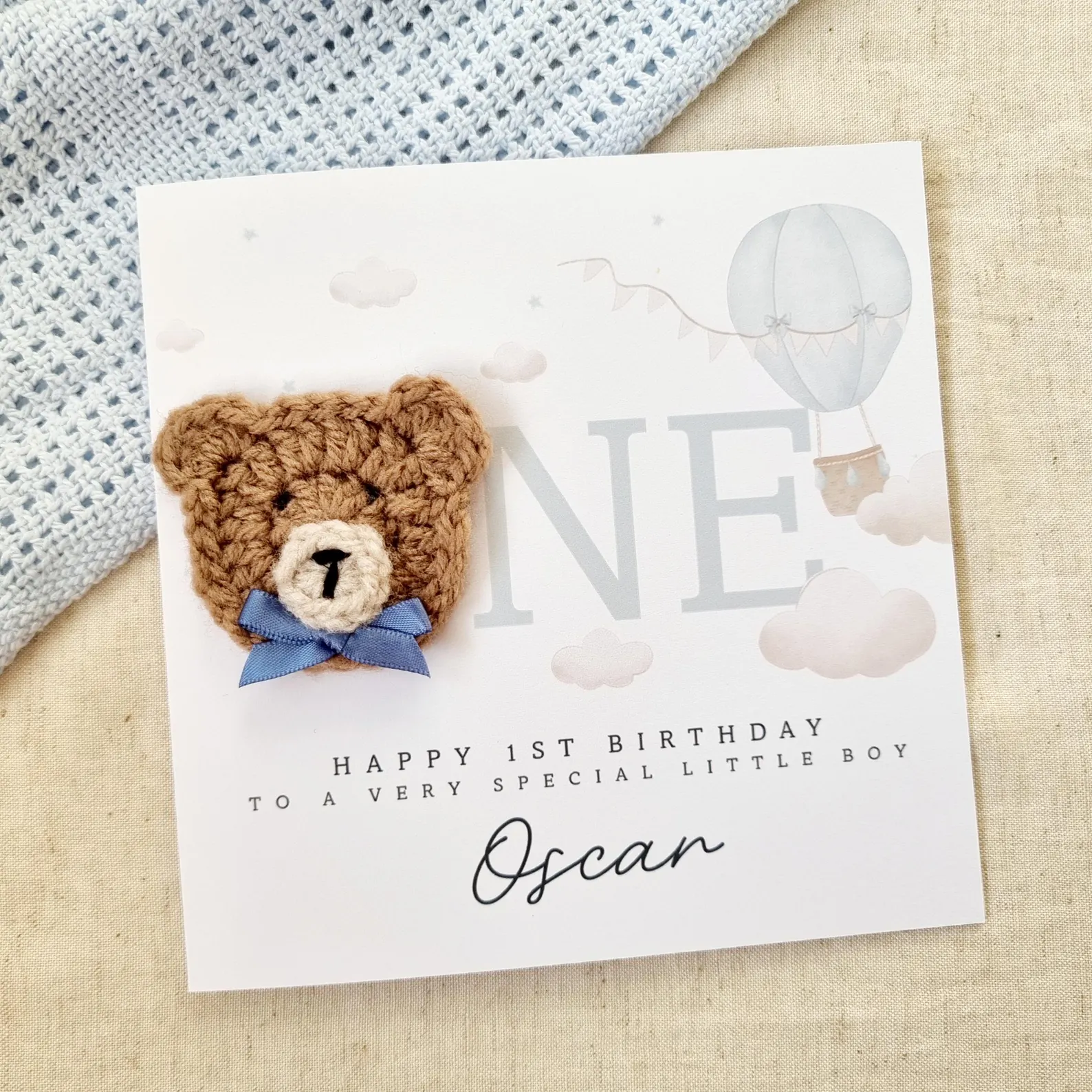 Personalised 1st Birthday Card - Blue Hot Air Balloon - Crochet Bear