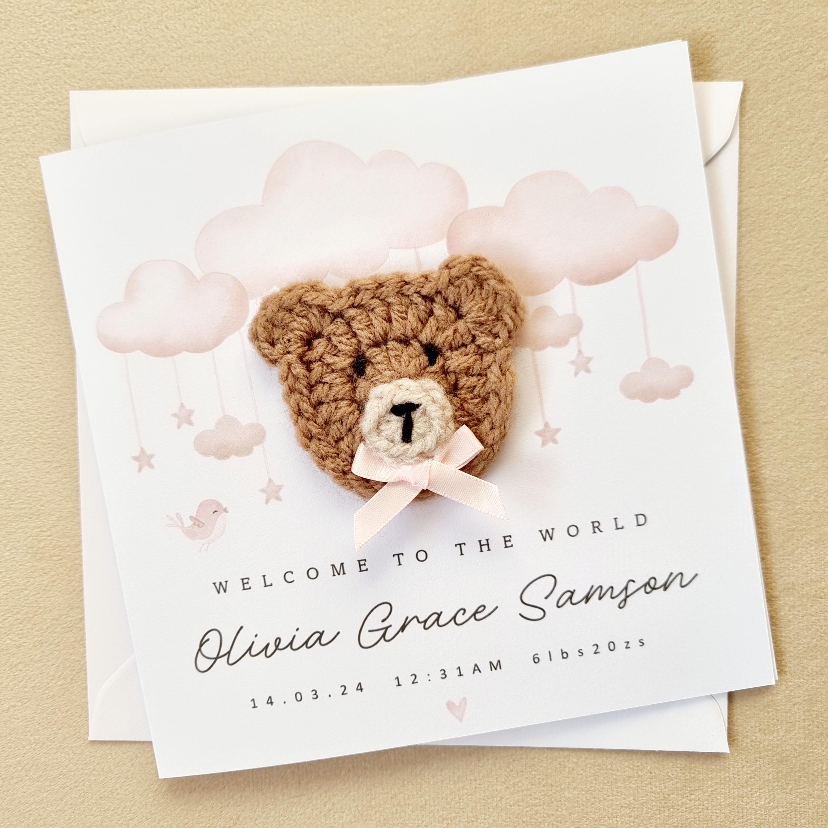Personalised New Baby Card - Pink Clouds - Crochet Bear