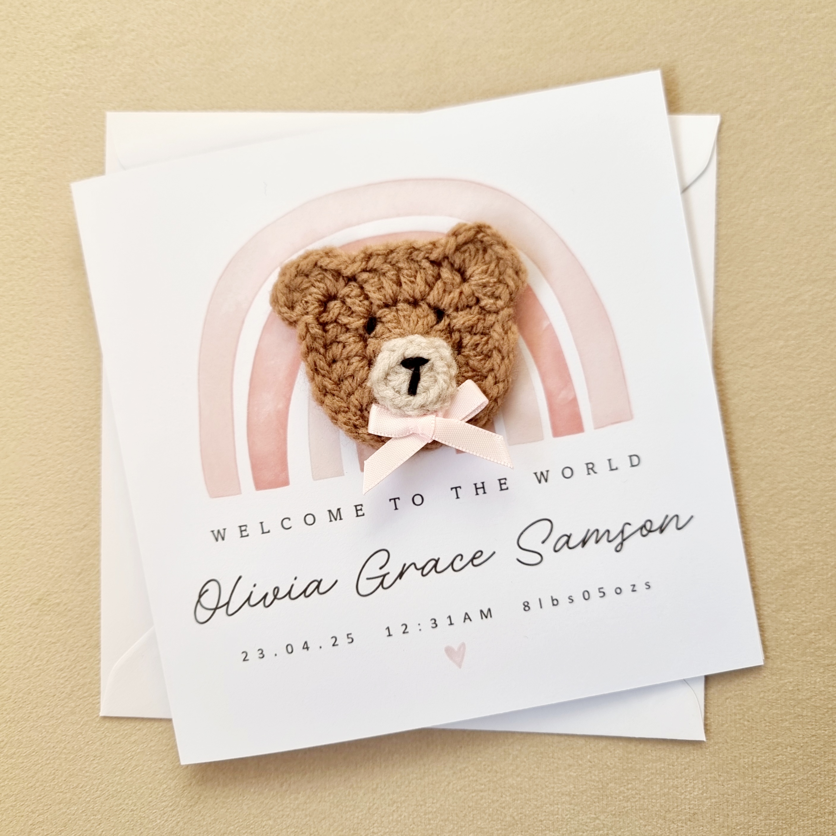 Personalised New Baby Card - Pink Rainbow - Crochet Bear