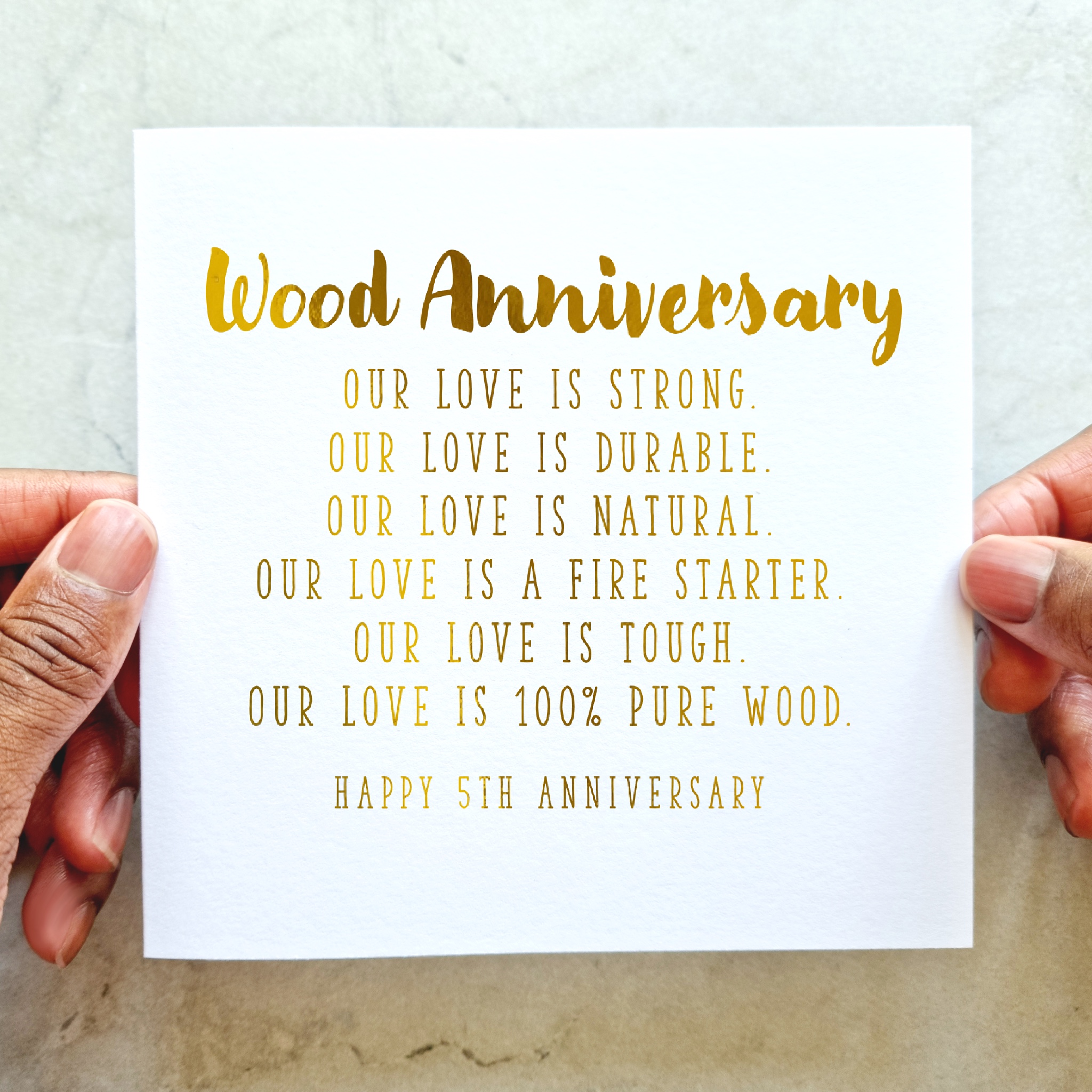 5th Anniversary Card - Wood - Gold Foil