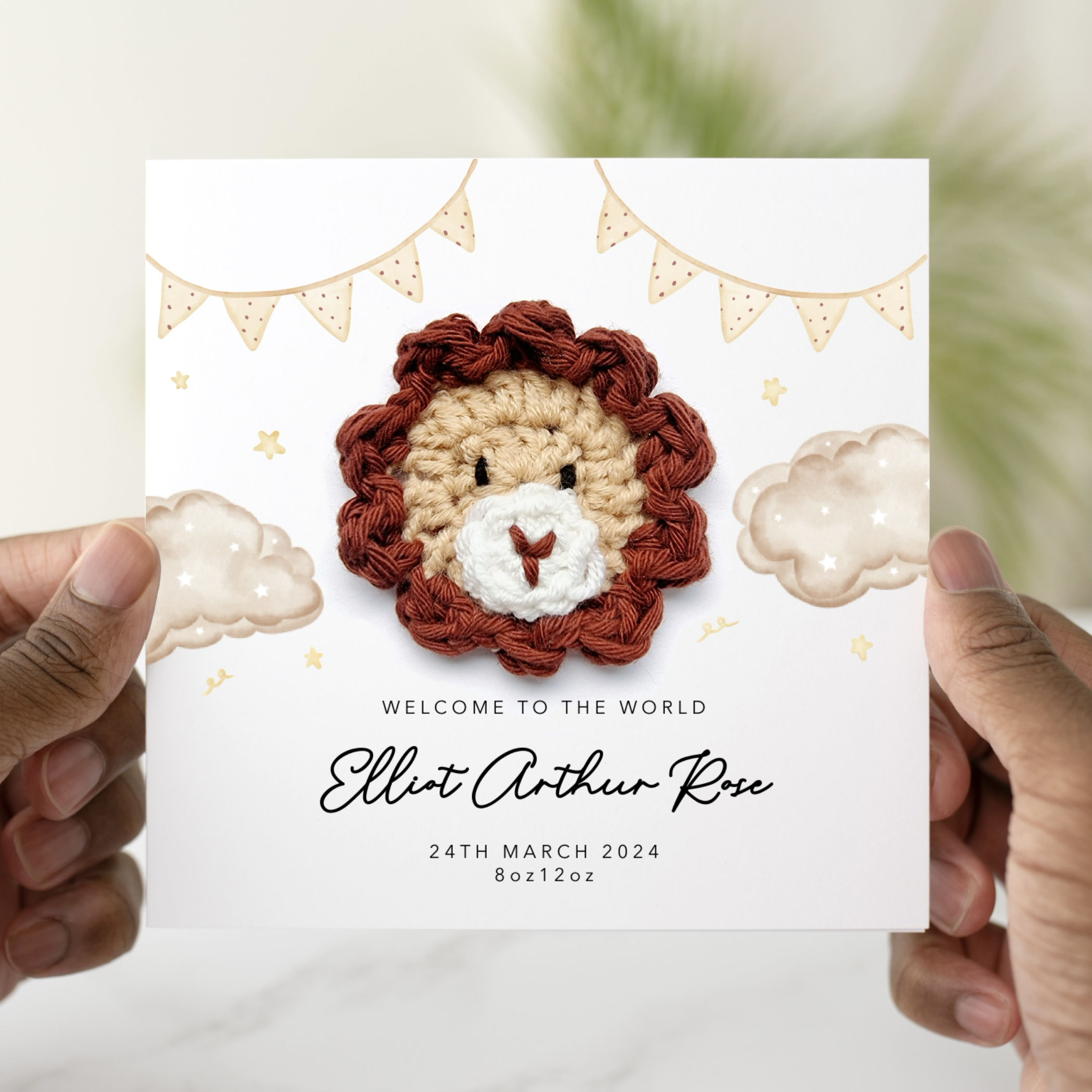 Personalised New Baby Card - Crochet Lion