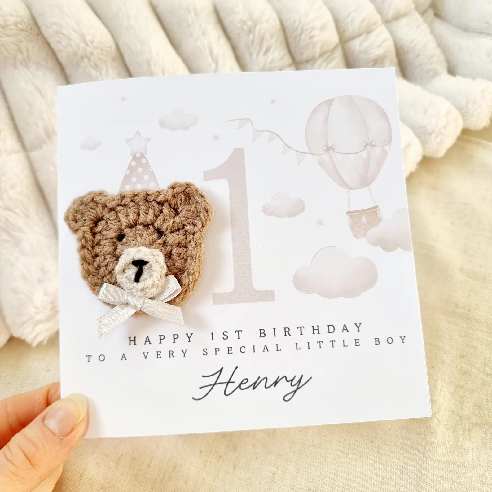 Personalised 1st Birthday Card - Neutral Hot Air Balloon - Crochet Bear