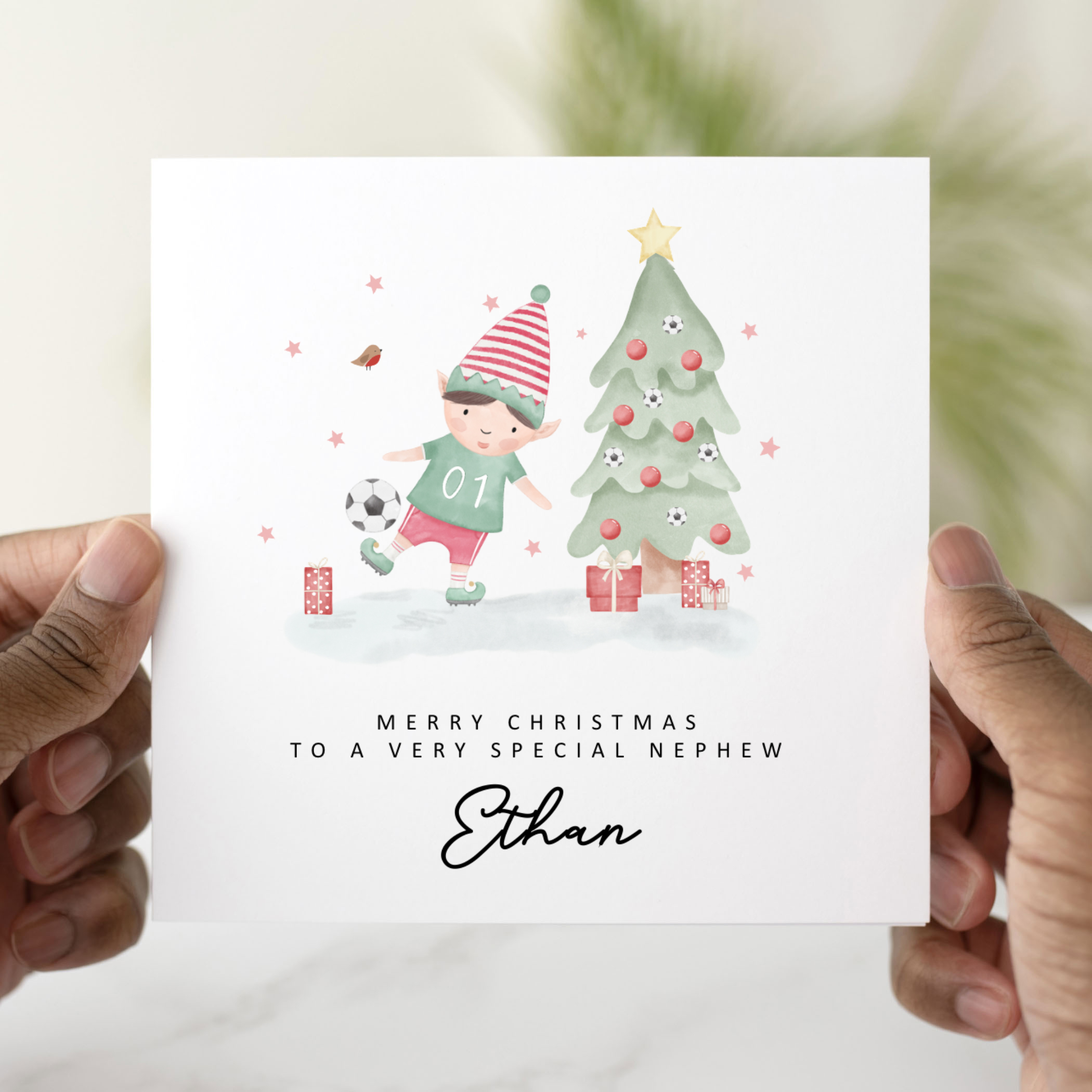 Personalised Nephew Christmas Card -Football Elf