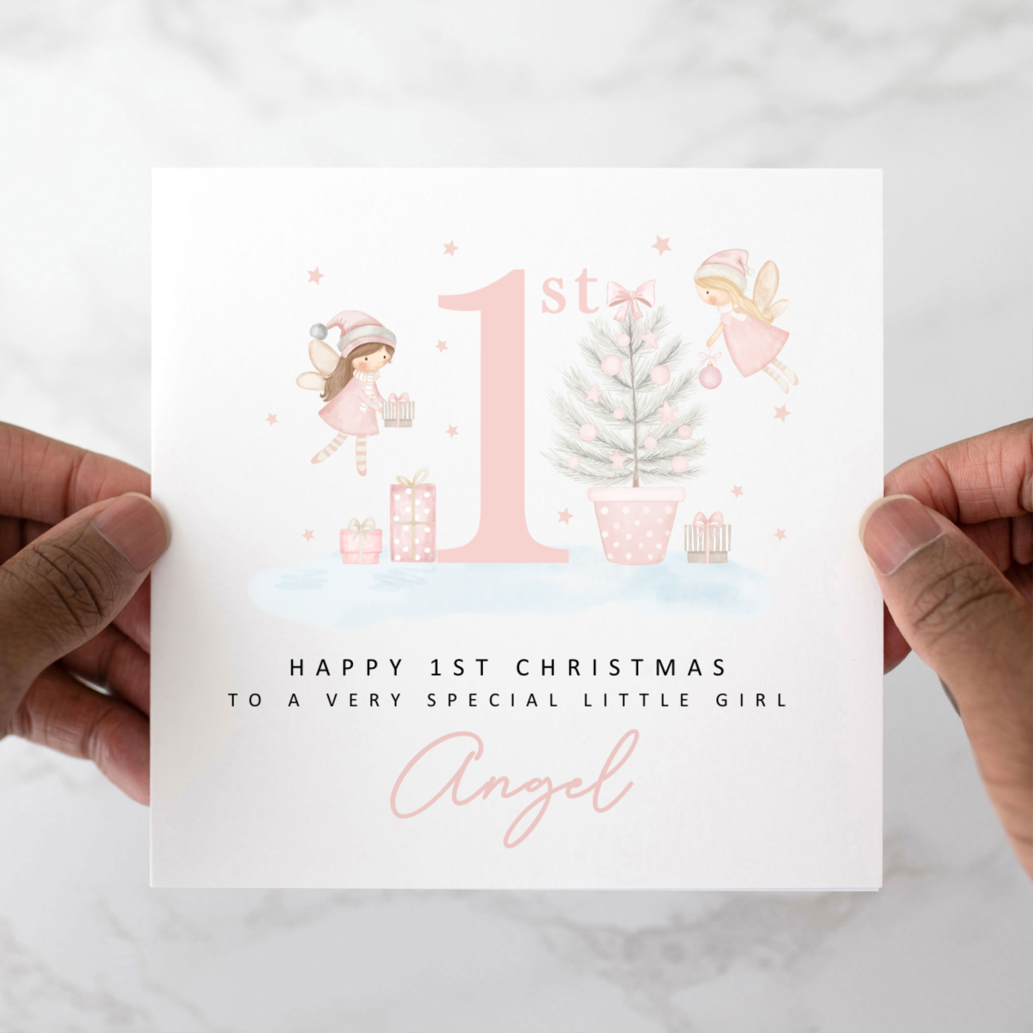 Personalised Little Girl 1st Christmas Card - Fairies