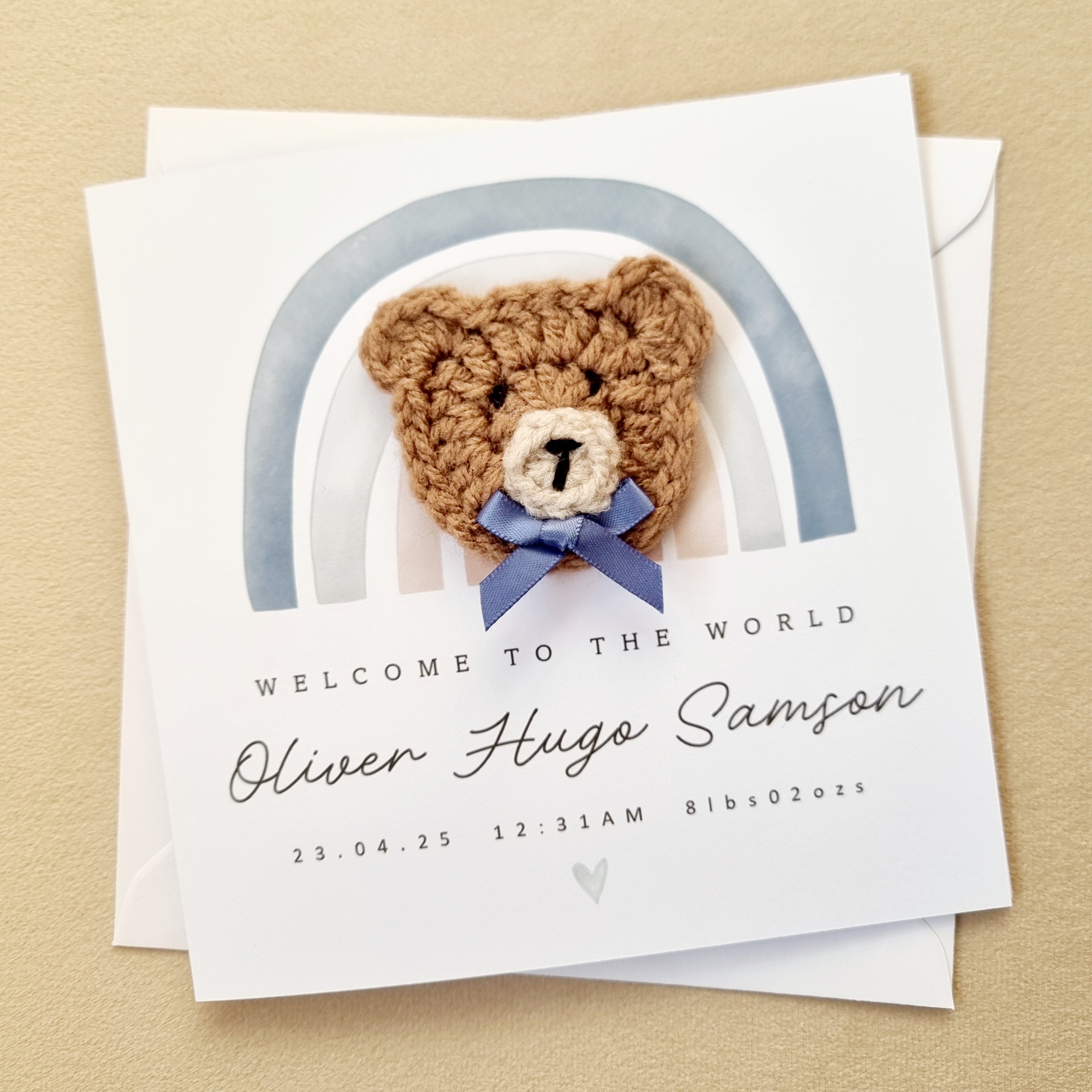 Personalised New Baby Card - Blue Rainbow - Crochet Bear