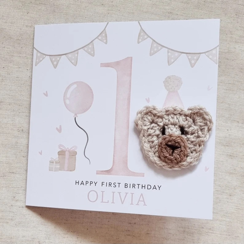 Personalised 1st Birthday Card - Girl - Crochet Bear