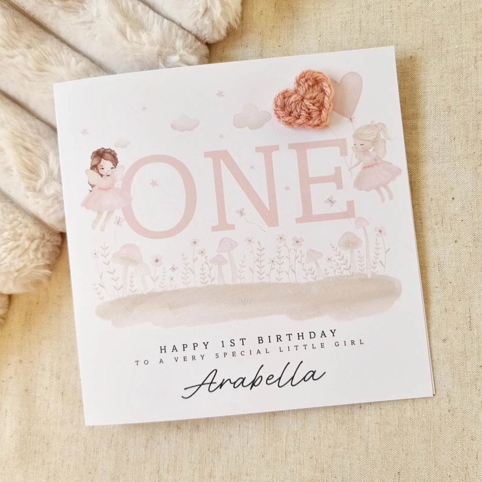 Personalised 1st Birthday Card - Little Girl - Crochet Heart