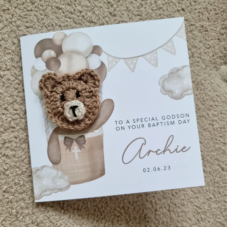 Personalised Godson Christening Card - Crochet Bear