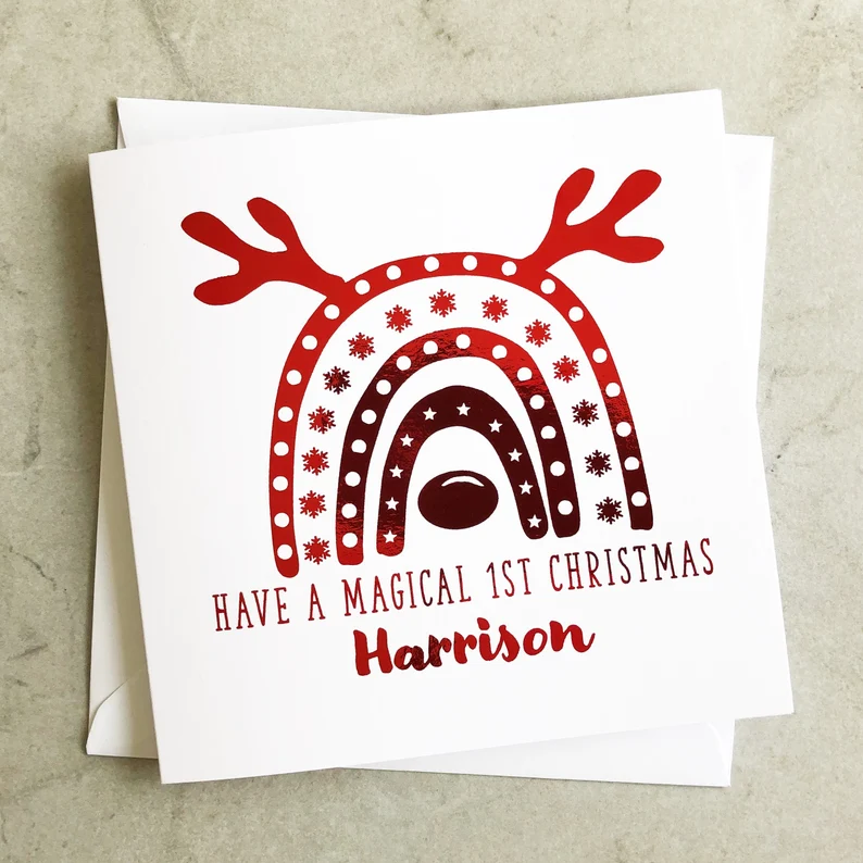 Personalised Reindeer 1st Christmas Card - Red Foil