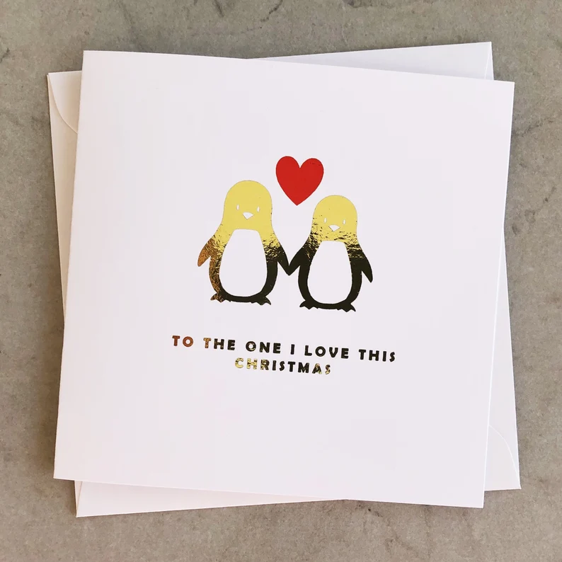 Romantic Penguin Christmas Card - Gold Foil