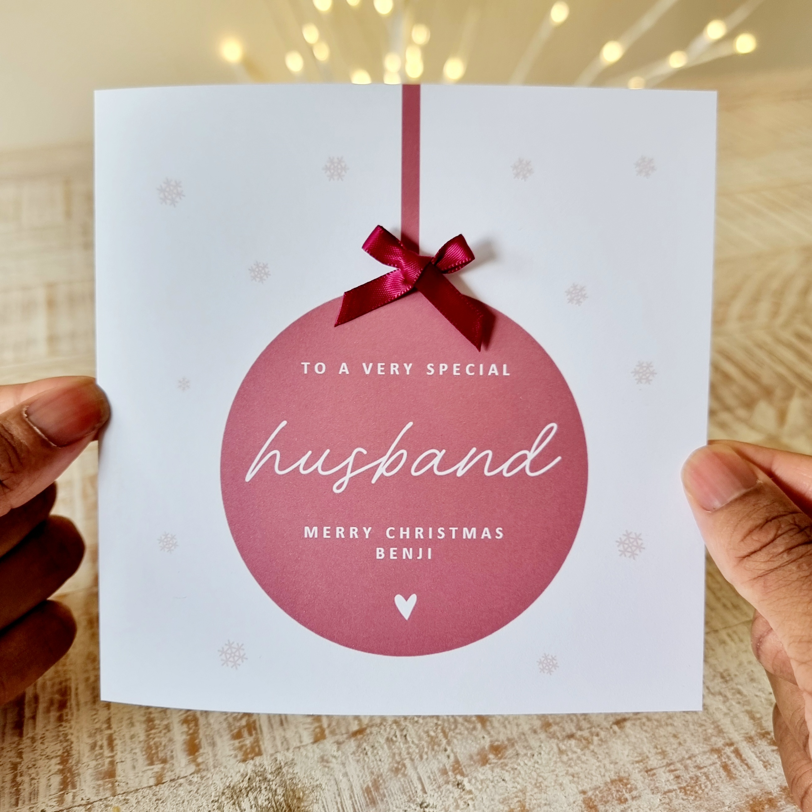 Personalised Any Recipient Bow And Bauble Christmas Card