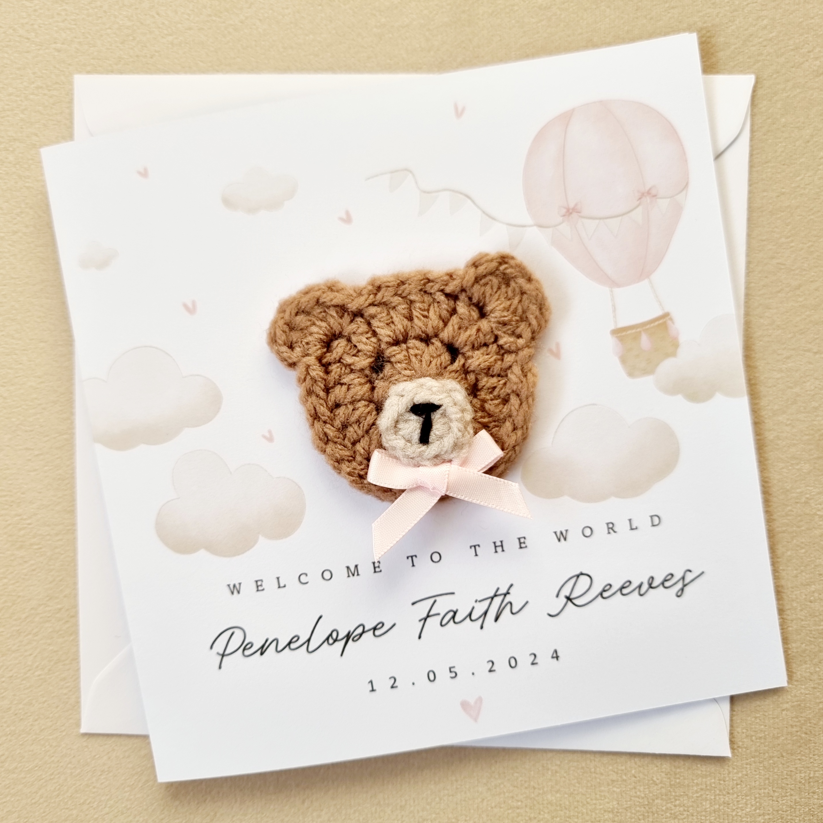 Personalised New Baby Card - Pink Hot Air Balloon - Crochet Bear