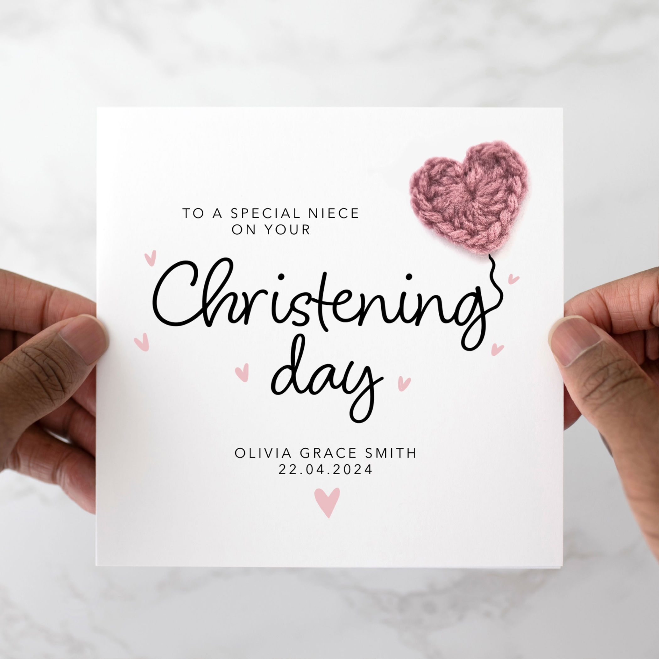 Personalised Niece Christening Card - Crochet Heart