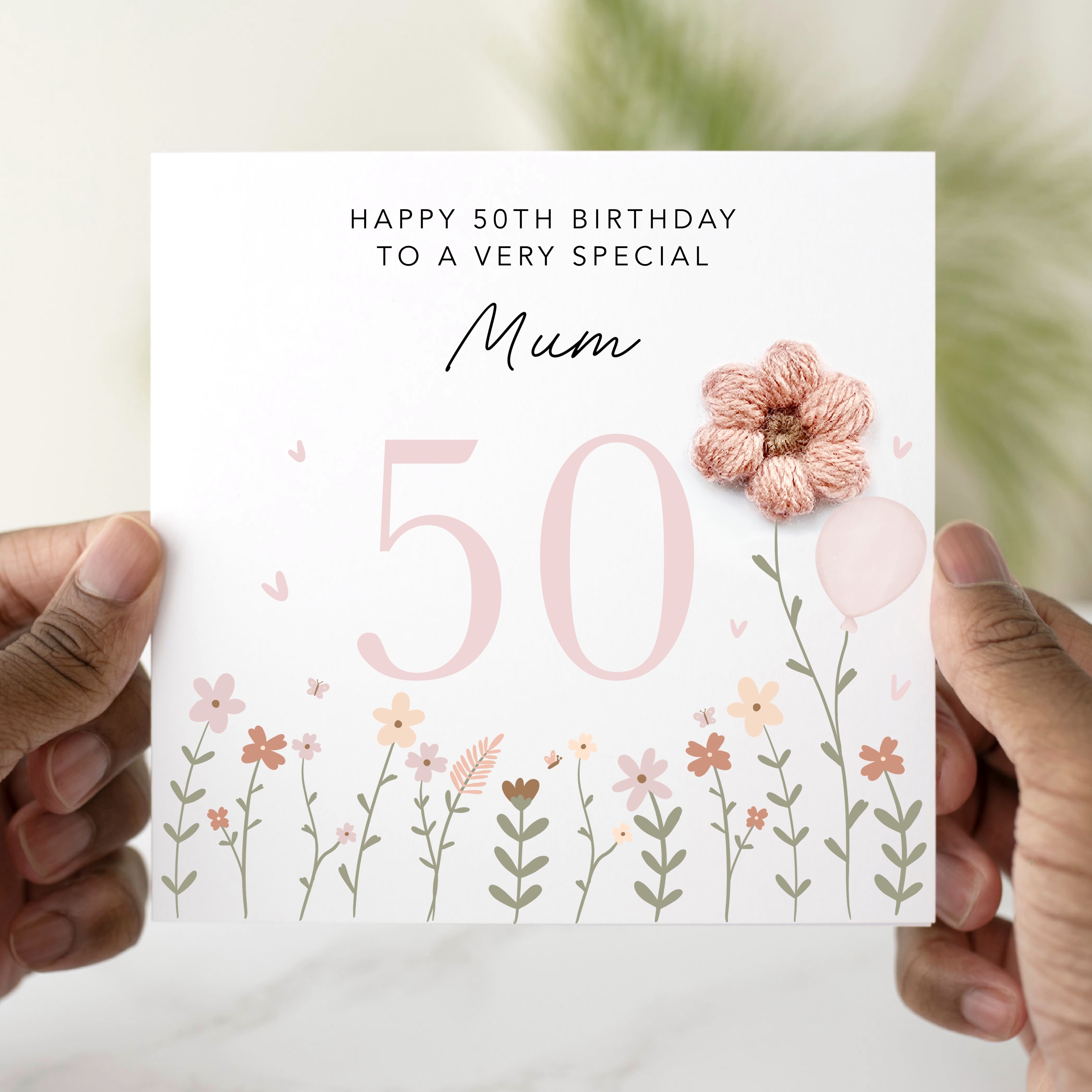 Mum 50th Birthday Card - Crochet Flower