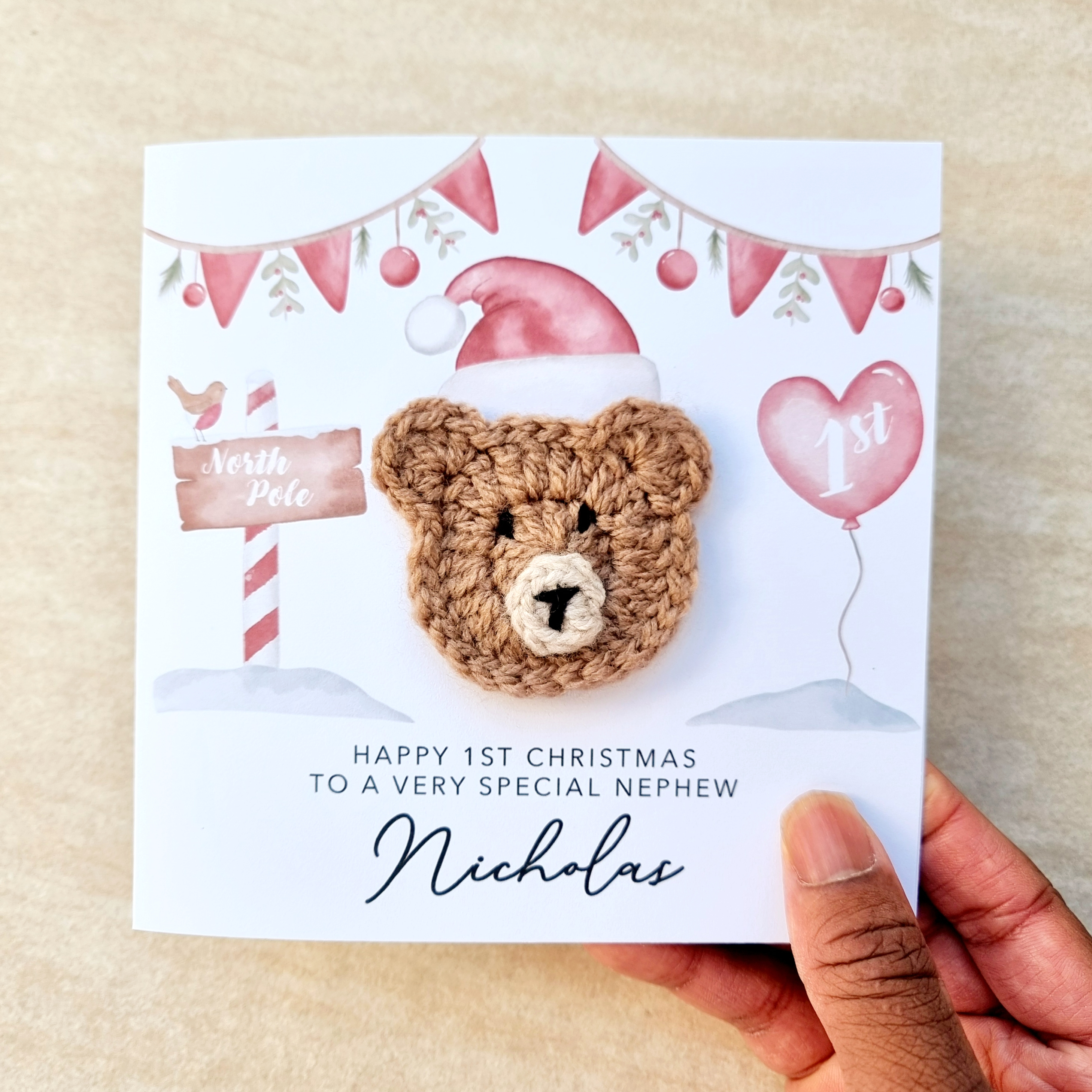Personalised Nephew 1st Christmas Card - Crochet Bear