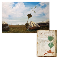 Detailní pohled na obraz 'Rostlina a ruiny' od Klára Sedlo, zobrazující tajemné rostliny a starověké ruiny ve voynichově stylu, umělecky zachycené na olejomalbě o rozměrech 100x150 cm.