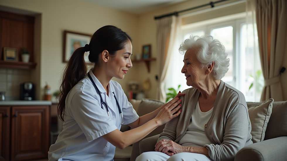 Eye-level view of a caregiver assisting an elderly woman in her home