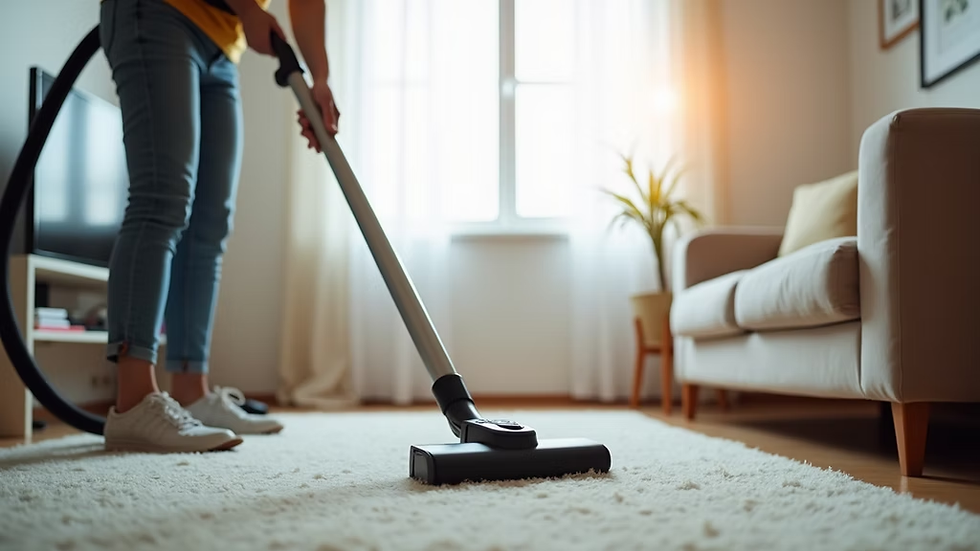 A professional cleaner making a living room shine with a vacuum.