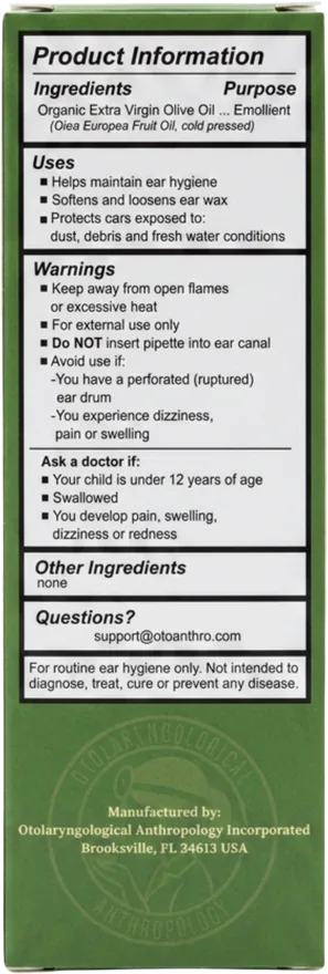 Olive Auil ear drops carton, back panel with directions