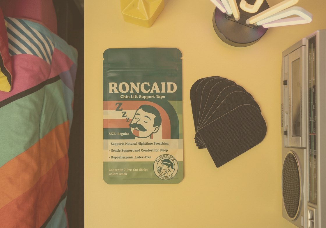 A sleeper resting with the mouth closed, wearing Roncaid chin lift tape