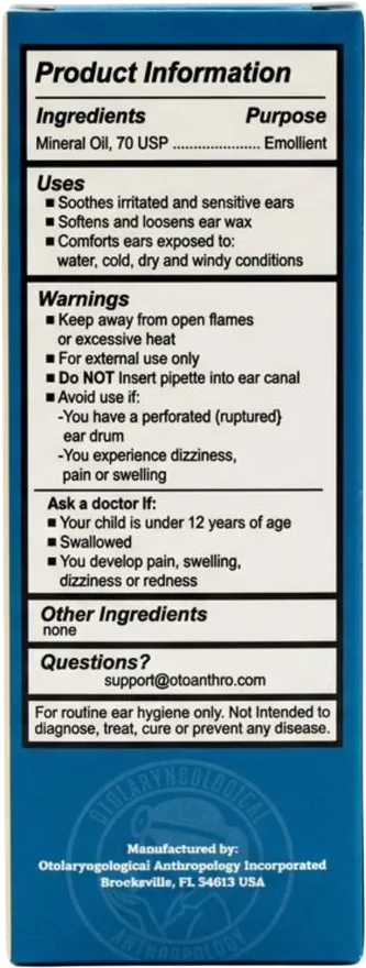 Auil Mineral Oil ear drops carton, back panel with directions