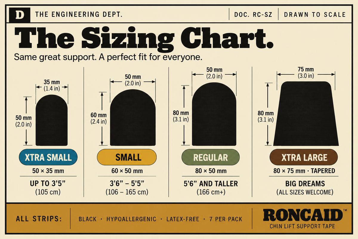 Roncaid sizing chart with strip dimensions in millimetres and inches
