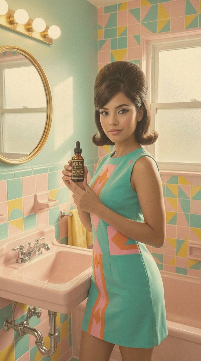 A woman in a 1960s bathroom holding a bottle of Auil ear drops