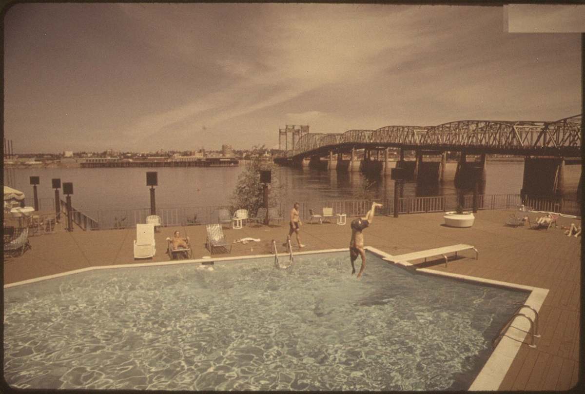 Children at a swimming pool, vintage photograph