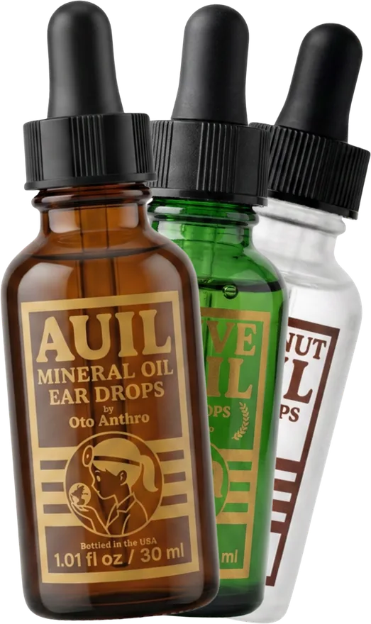 All three Auil ear drop preparations: mineral oil, olive and coconut
