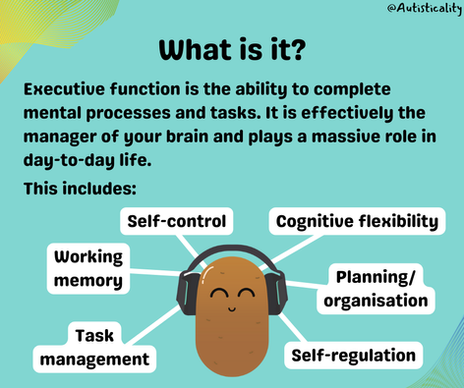 title “What is it?” with text: “Executive function is the ability to complete mental processes and tasks. It is effectively the manager of your brain and plays a massive role in day-to-day life. This includes:” with an image of the potato character and a spider web of words around them reading: “Task management”, “Working memory”, “Self-control”, “Cognitive flexibility”, “Planning/organisation”, “Self-regulation”.
