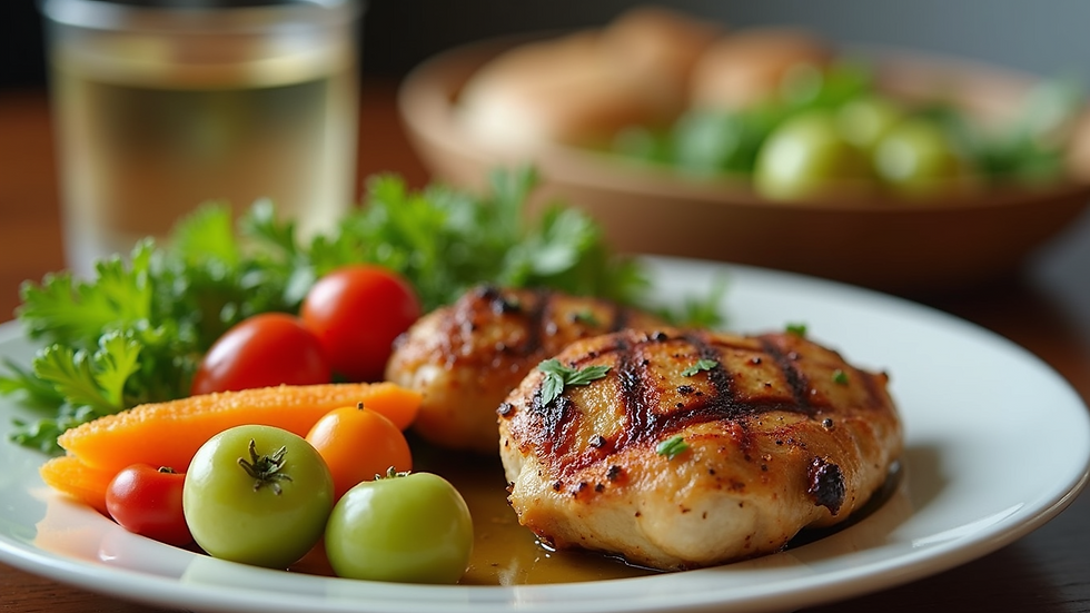 Close-up view of a colorful plate with fresh vegetables and grilled chicken