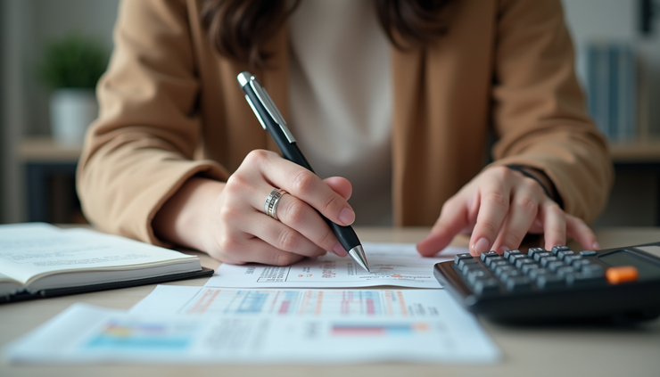 Eye-level view of a woman organizing bills and financial papers at home
