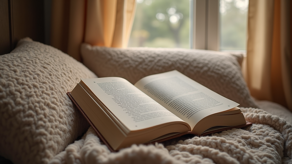 Close-up of a cozy reading nook with soft cushions and a warm blanket
