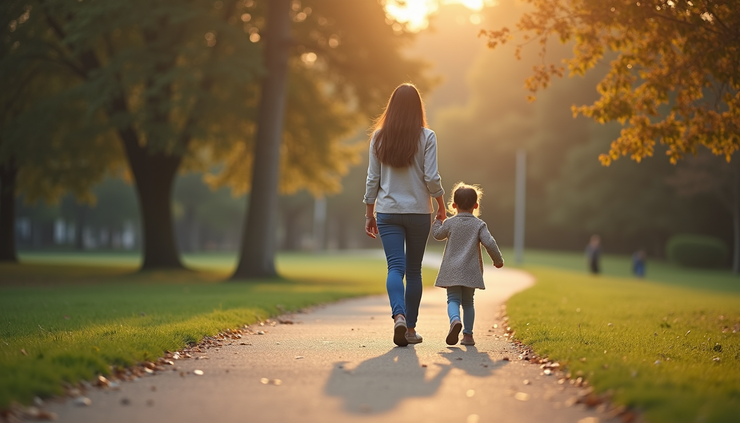 High angle view of a mother and child walking together in a park
