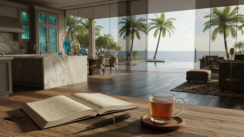 Eye-level view of a journal with a pen and a cup of tea on a wooden table