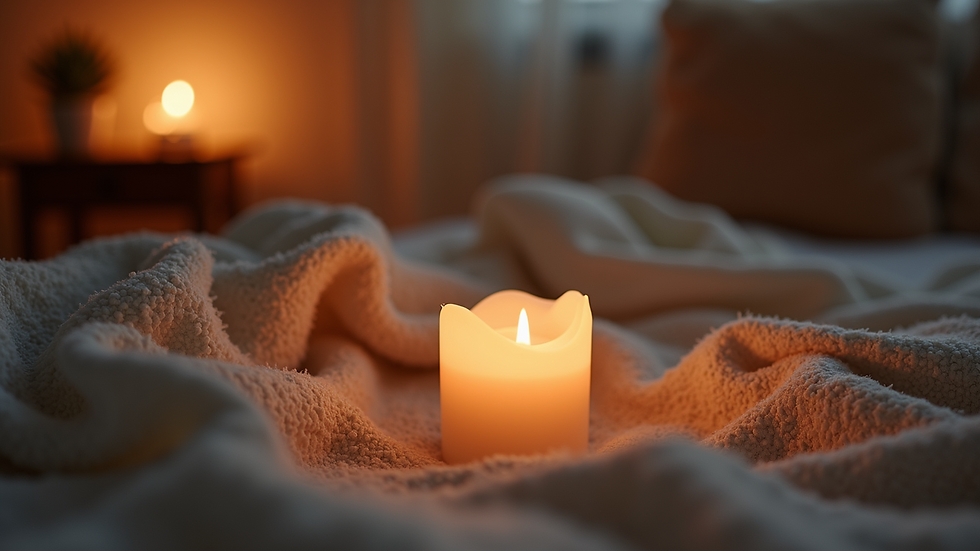 Eye-level view of a cozy corner with a lit candle and soft blanket