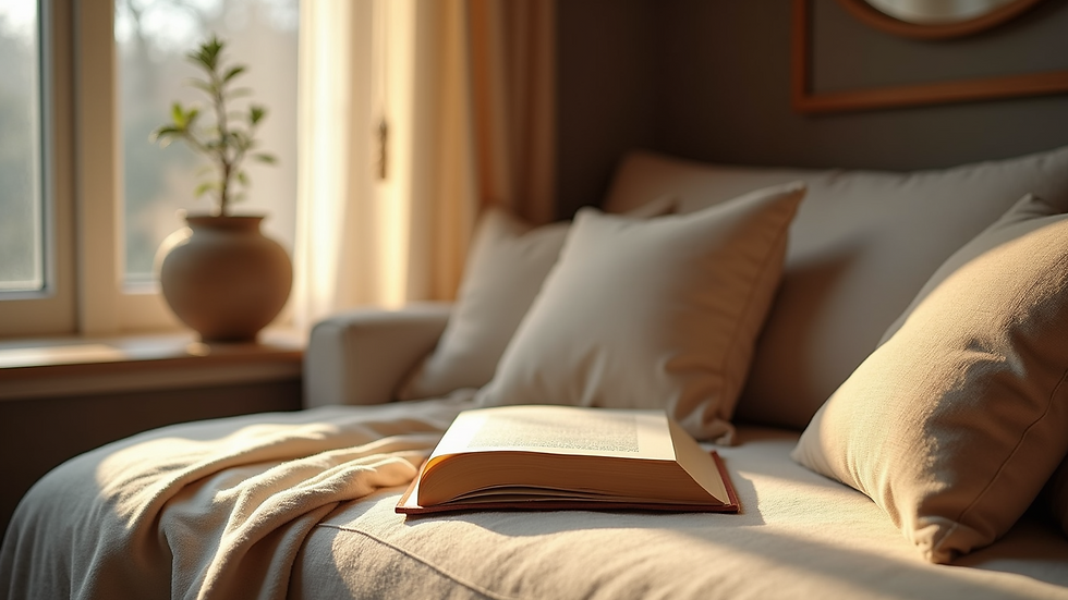 Eye-level view of a cozy reading nook with soft cushions and warm light