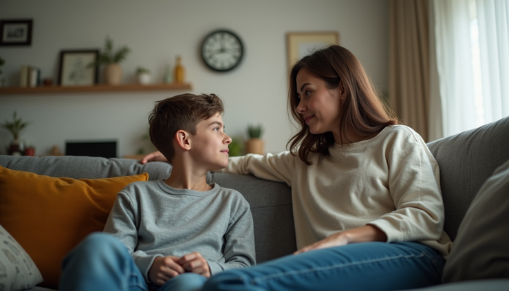Eye-level view of a mother and son sitting apart on a living room couch, showing emotional distance